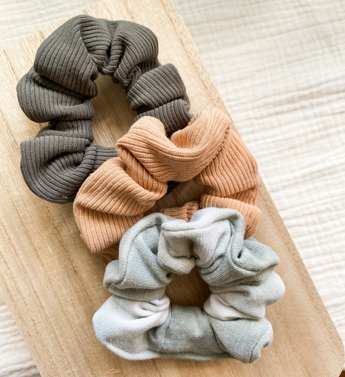 Stretchy and Thick Hair Scrunchies | Cute Sporty Scrunchies | Green Tie Dye | Taupe | Forest Green | Sporty Fabric | Jersey Fabric