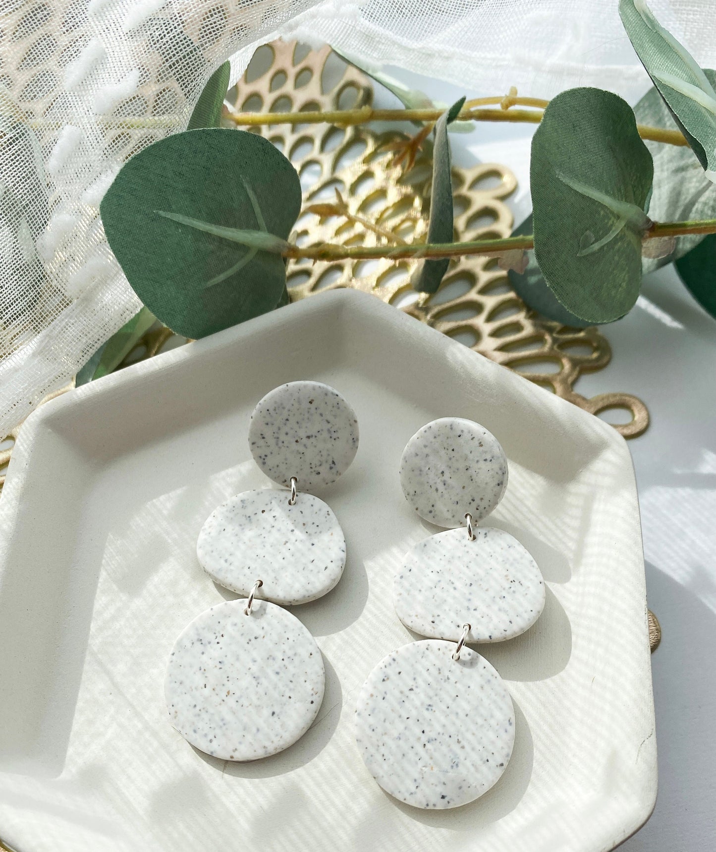 Speckled White Oversized Unique Earrings | Polymer Clay | Handmade | Neutral | Dangle | Hypoallergenic | Summer | Bridal | Organic Shape