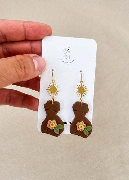 Floral Goddess Clay Earrings | Female Body | Sun Brass Accent | Feminist Earrings | Valentines | Lightweight | Feminine | Romantic Earrings | Gals