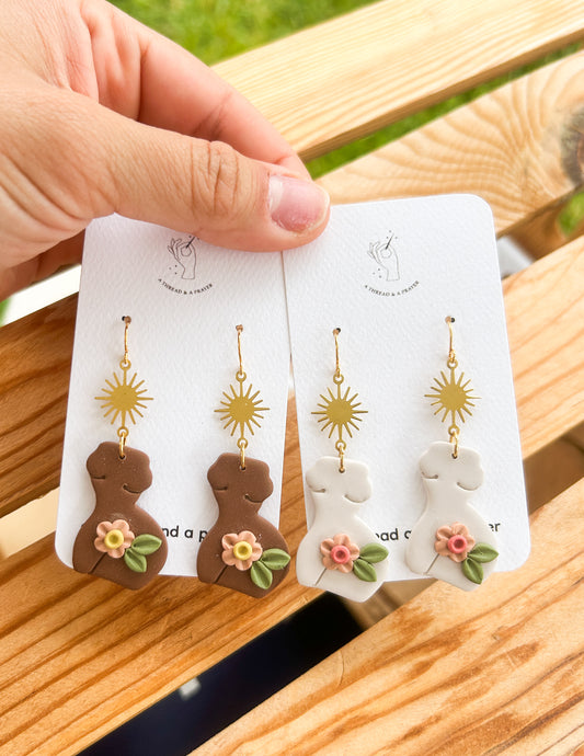 Floral Goddess Clay Earrings | Female Body | Sun Brass Accent | Feminist Earrings | Valentines | Lightweight | Feminine | Romantic Earrings | Gals