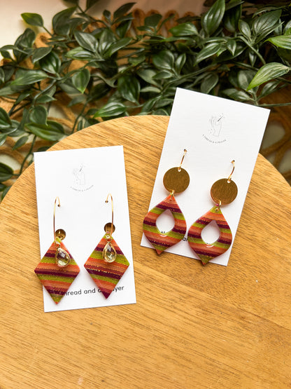 Cute Striped Funky Colored Clay Earrings | Resin | Shiny | Gold Foil