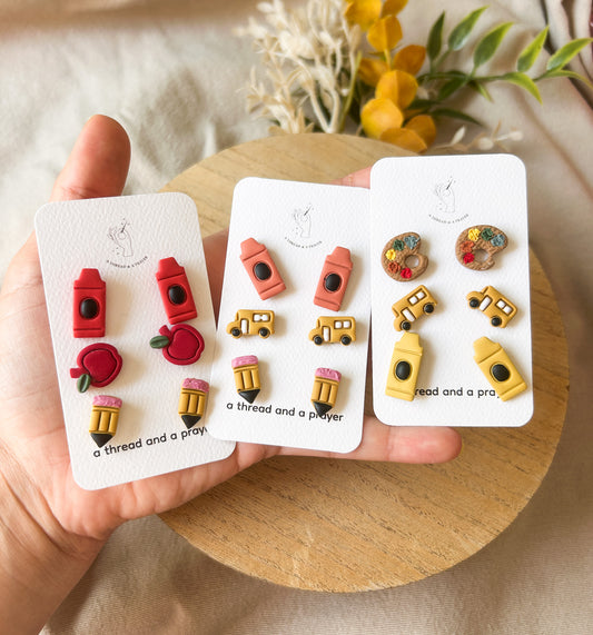 Back to School Stud Earrings | Fall Studs | Autumn | Titanium | Apples, School Bus, Crayons, Pencils