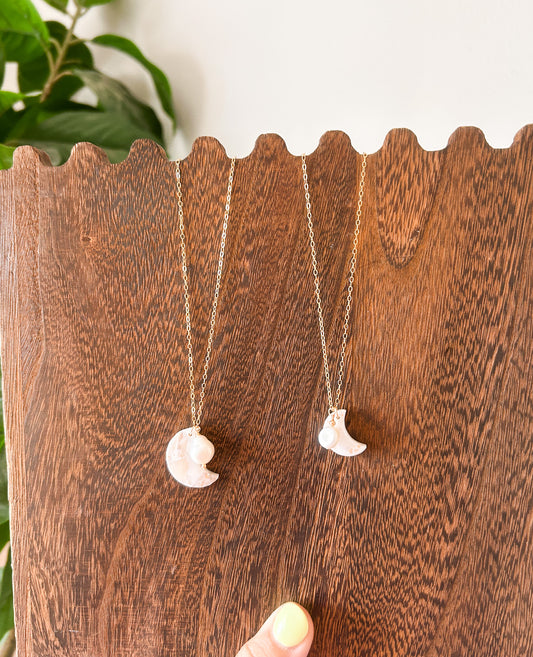 Clay Moon and Pearl Gold Necklace | Gold Fill Necklace | 18in Chain