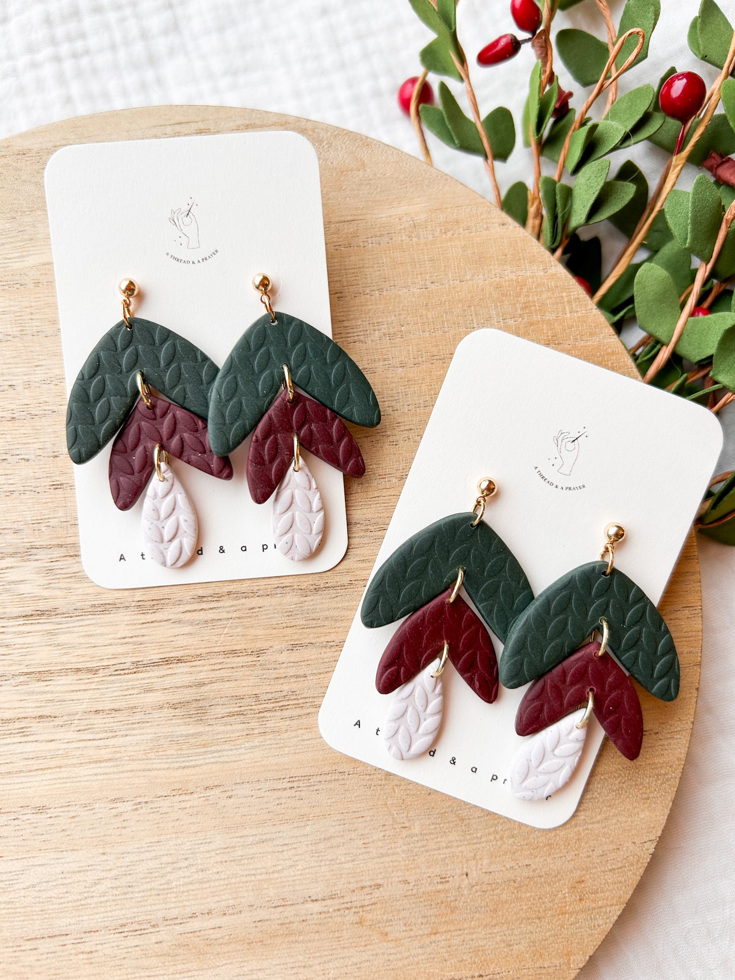 Classy Christmas Green and Burgundy Clay Earrings | Holiday Style | Gold | Christmas Colors | Celebrate the Holidays
