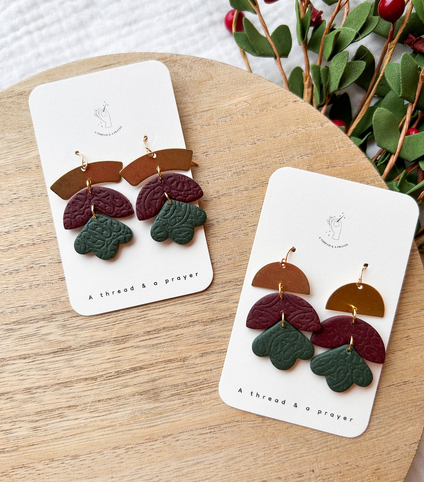 Christmas is Coming Holiday Clay Earrings | Green and Burgundy | Holiday Style | Gold | Christmas Colors | Celebrate the Holidays