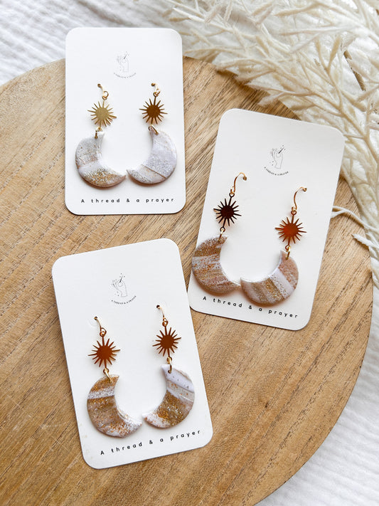 Moonstone Magic Celestial Clay Earrings | Moon Earrings | Titanium | Hypoallergenic | Autumn Color Earrings | Pearl Sheen | Lightweight