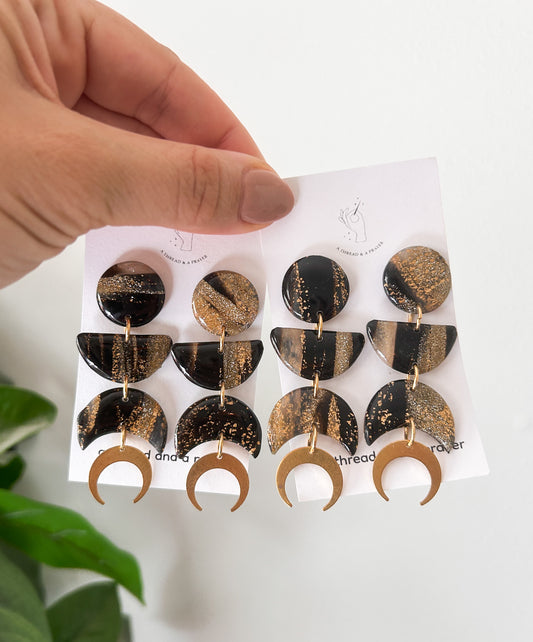 Moon Phases Dark Marble Earrings | Fancy Earrings | Glitter and Shine | Resin Coated Earrings | Lightweight