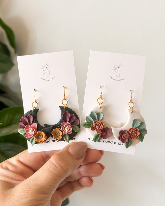 Floral Moon Earrings | Glitter and Shine | Moon Earrings | Flower Styles | Autumn Colors | Celestial