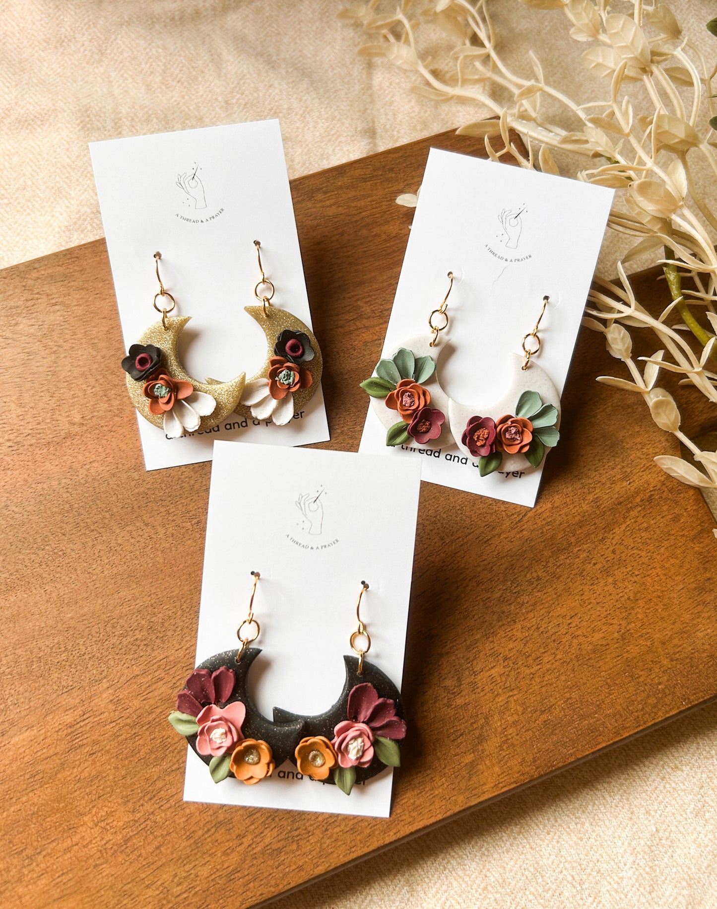 Floral Moon Earrings | Glitter and Shine | Moon Earrings | Flower Styles | Autumn Colors | Celestial