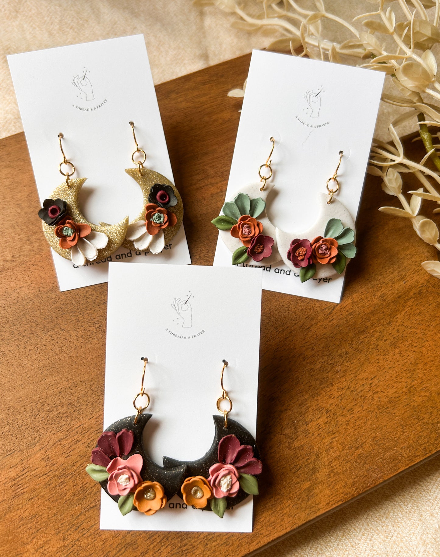 Floral Moon Earrings | Glitter and Shine | Moon Earrings | Flower Styles | Autumn Colors | Celestial