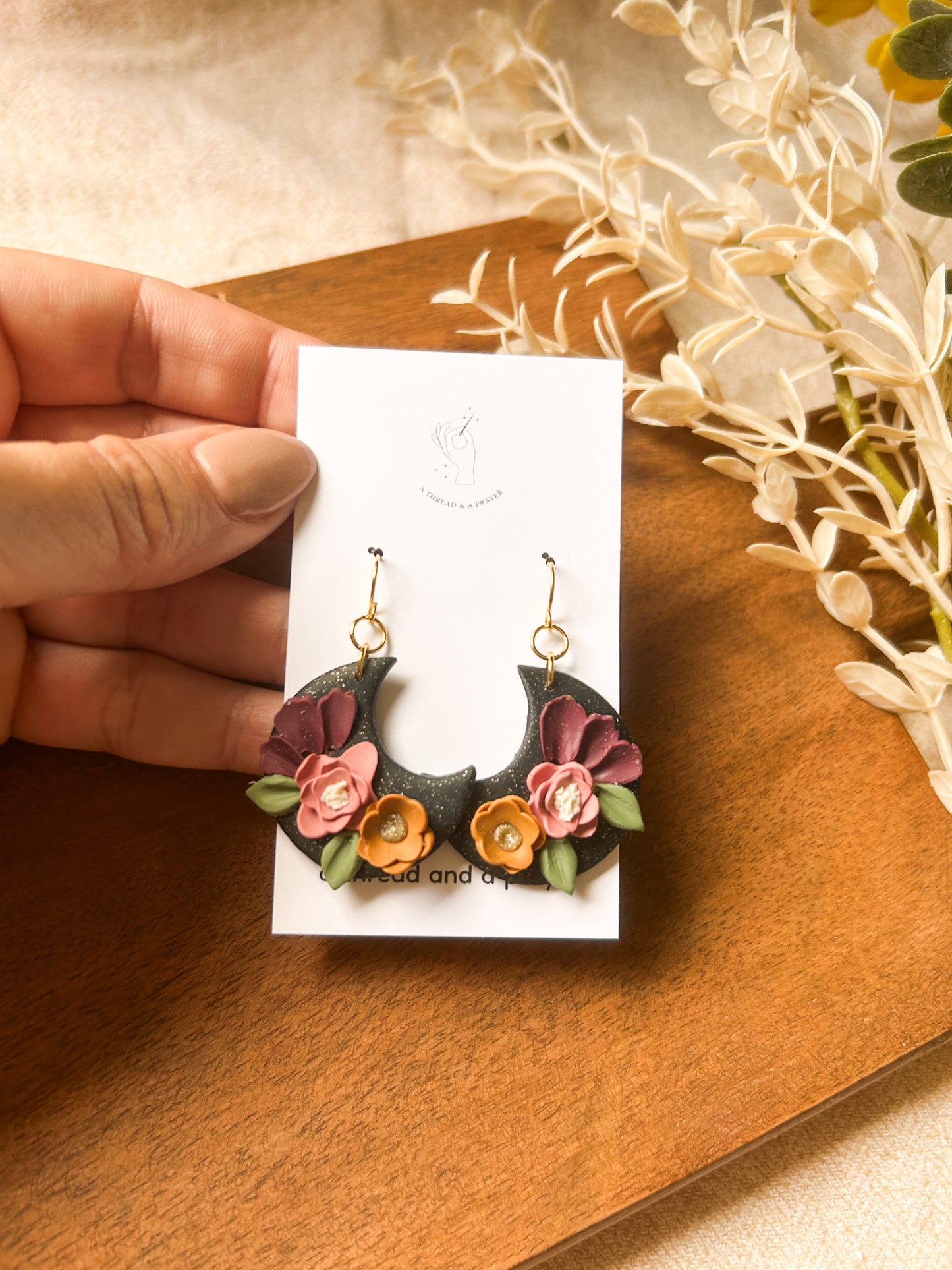 Floral Moon Earrings | Glitter and Shine | Moon Earrings | Flower Styles | Autumn Colors | Celestial