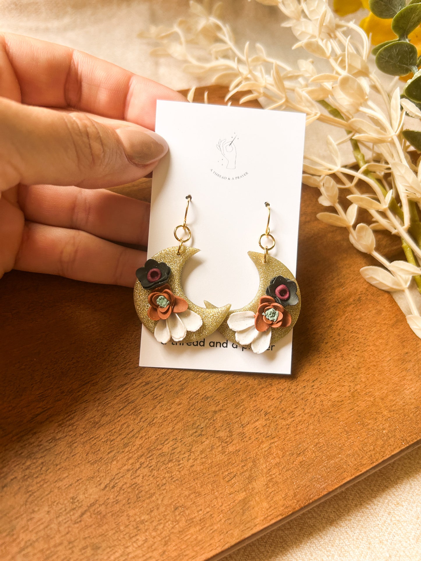Floral Moon Earrings | Glitter and Shine | Moon Earrings | Flower Styles | Autumn Colors | Celestial