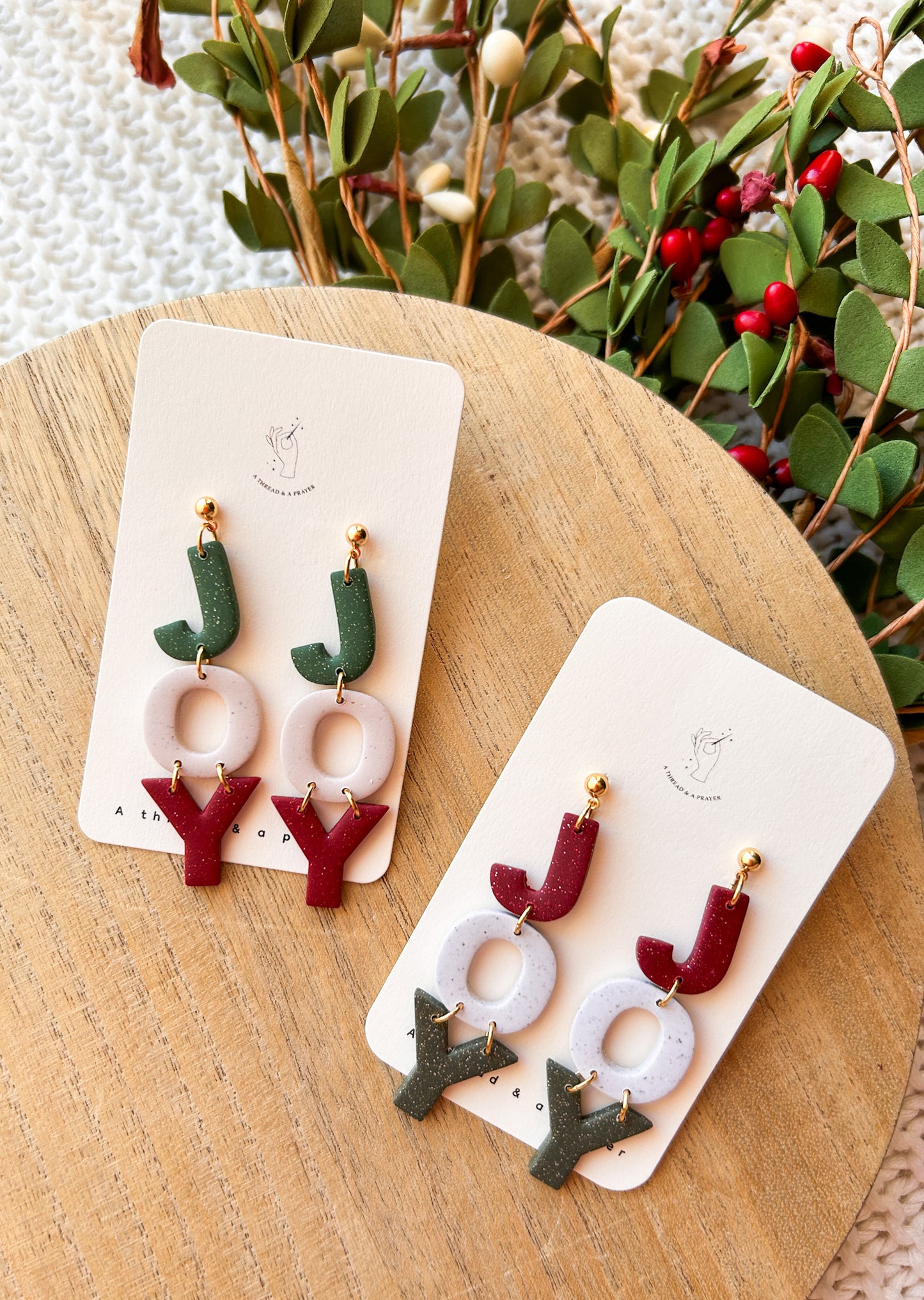 Joy to the World Clay Dangle Earrings | Christmas Earrings | Joyful Earrings | Holiday Colors | Lightweight
