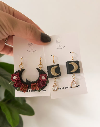 Celestial Floral Moons & Books | Spooky Season | Moon Earrings | Flower Styles | Autumn Colors | Book Styles