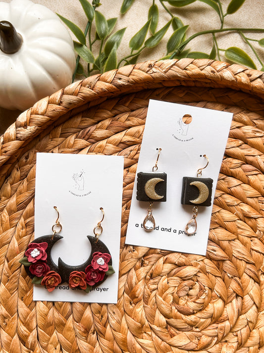 Celestial Floral Moons & Books | Spooky Season | Moon Earrings | Flower Styles | Autumn Colors | Book Styles