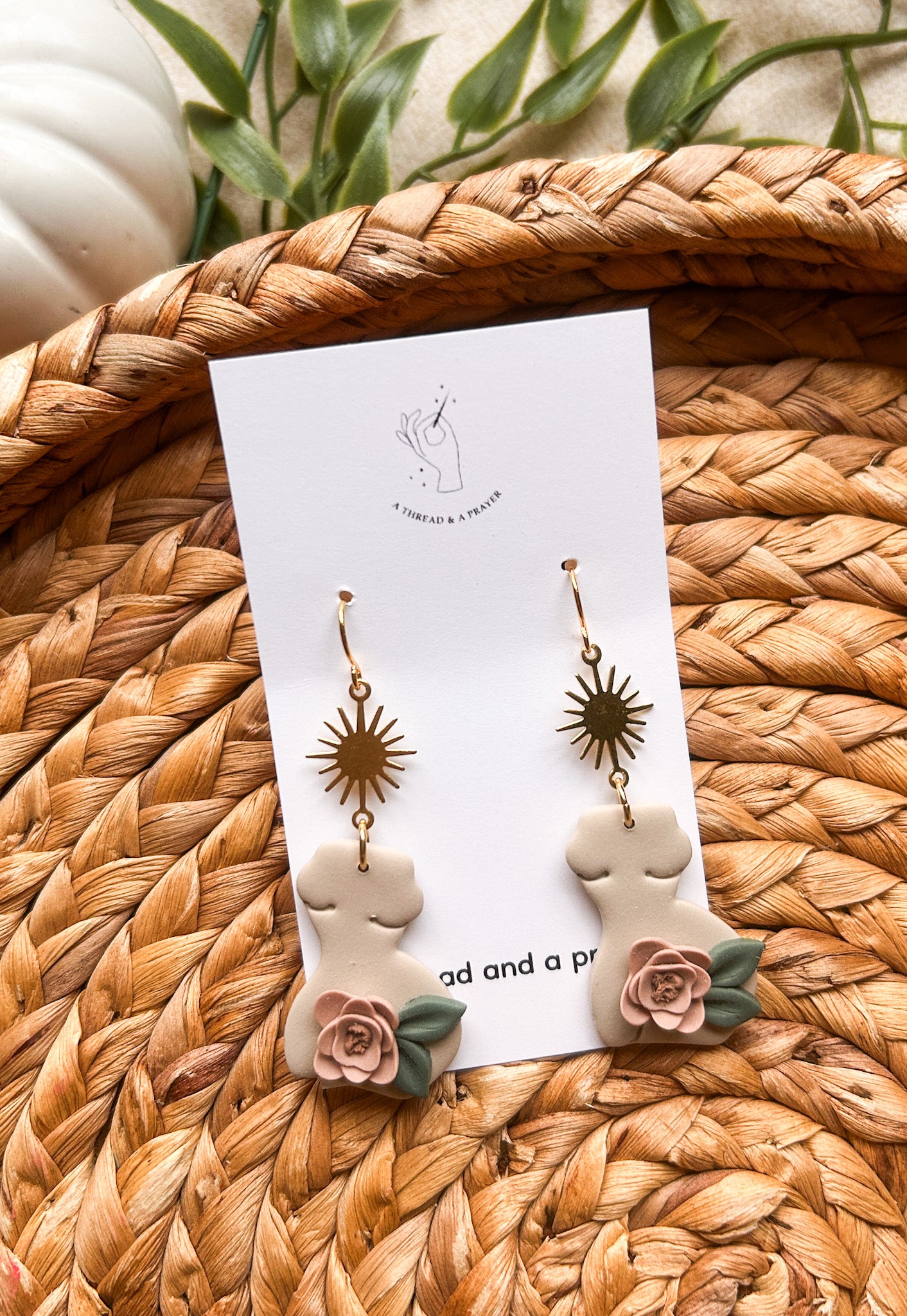 Fall Goddess Clay Earrings | Female Body | Sun Brass Accent | Feminist Earrings | Floral | Lightweight | Feminine | Romantic Earrings