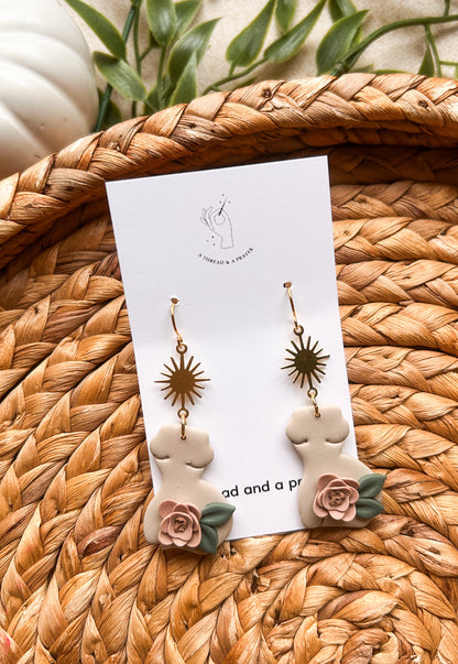 Fall Goddess Clay Earrings | Female Body | Sun Brass Accent | Feminist Earrings | Floral | Lightweight | Feminine | Romantic Earrings