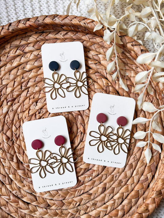 Winter Vibes Brass Floral Earrings | Navy Blue, Magenta, Dusty Pink | Lightweight Florals | Brass Earrings | Everyday Styles | Bestsellers