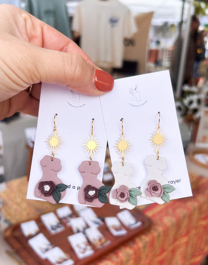 Winter Goddess Clay Earrings | Female Body | Sun Brass Accent | Feminist Earrings | Floral | Lightweight | Feminine | Romantic Earrings