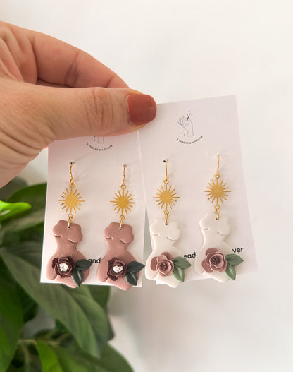 Winter Goddess Clay Earrings | Female Body | Sun Brass Accent | Feminist Earrings | Floral | Lightweight | Feminine | Romantic Earrings