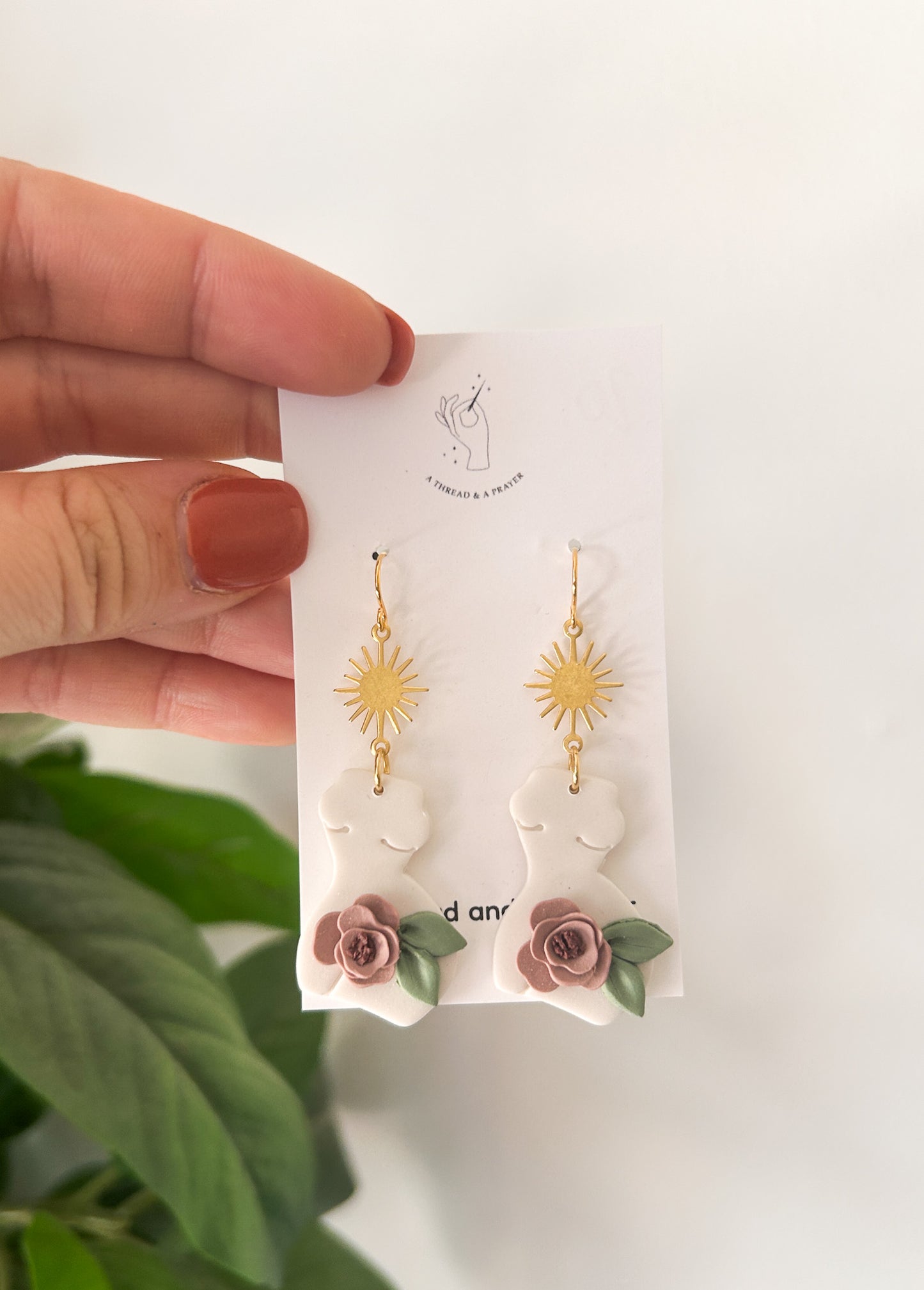Winter Goddess Clay Earrings | Female Body | Sun Brass Accent | Feminist Earrings | Floral | Lightweight | Feminine | Romantic Earrings