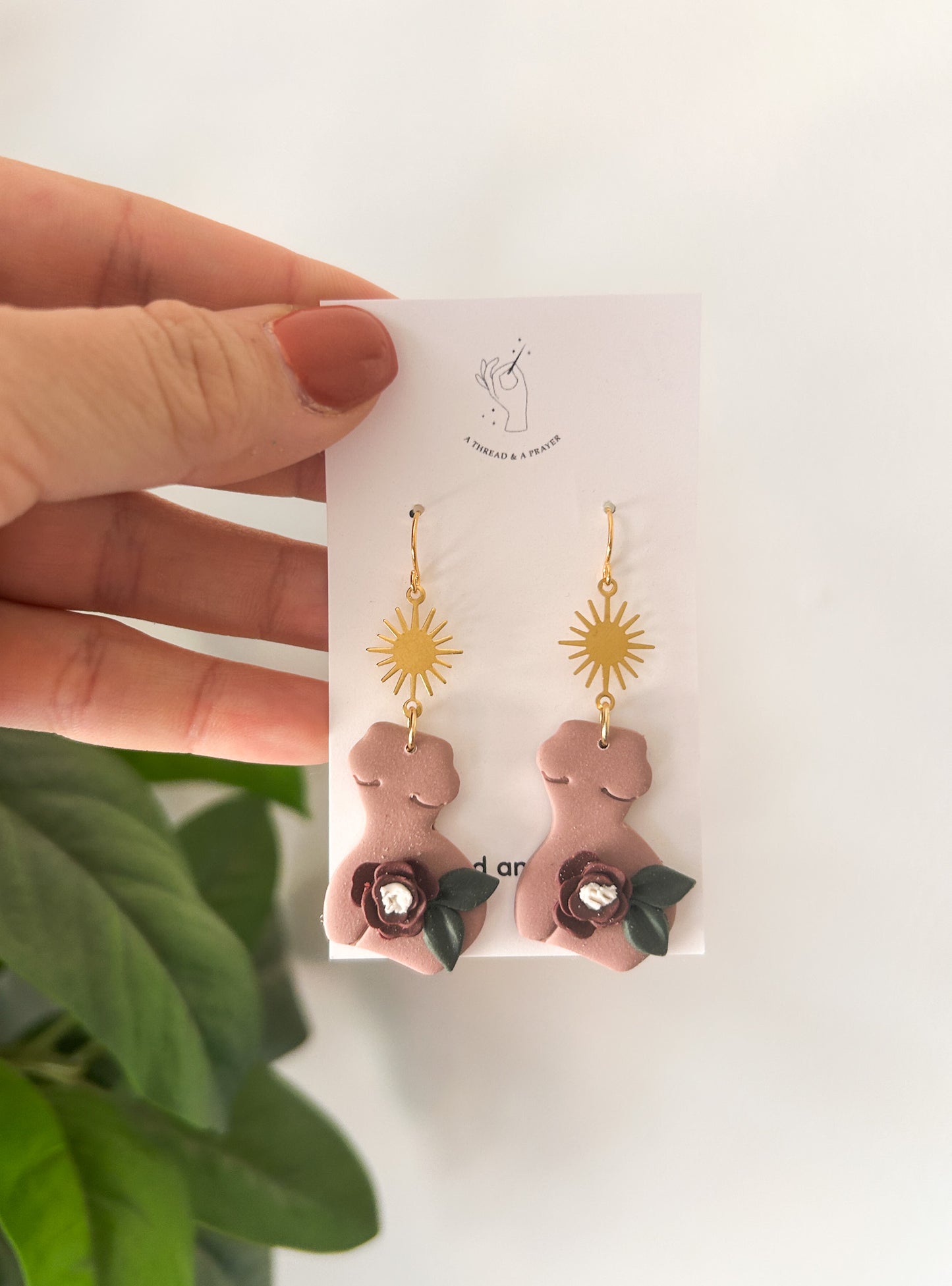 Winter Goddess Clay Earrings | Female Body | Sun Brass Accent | Feminist Earrings | Floral | Lightweight | Feminine | Romantic Earrings