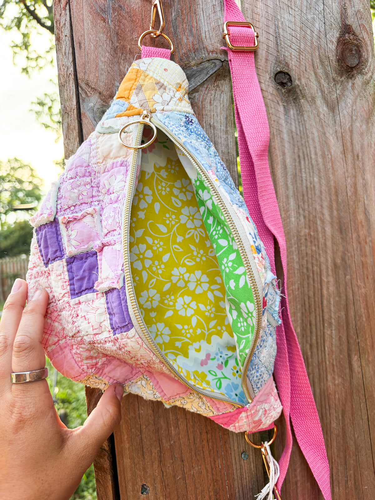 Vintage Quilt Crossbody Bag Style 4 | Bright Quilts | Upcycled Accessories | Fanny Pack | Adjustable Straps