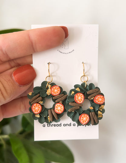 Orange and Cinnamon Wreath Earrings | Christmas Earrings | Trendy Styles | Lightweight | Greenery