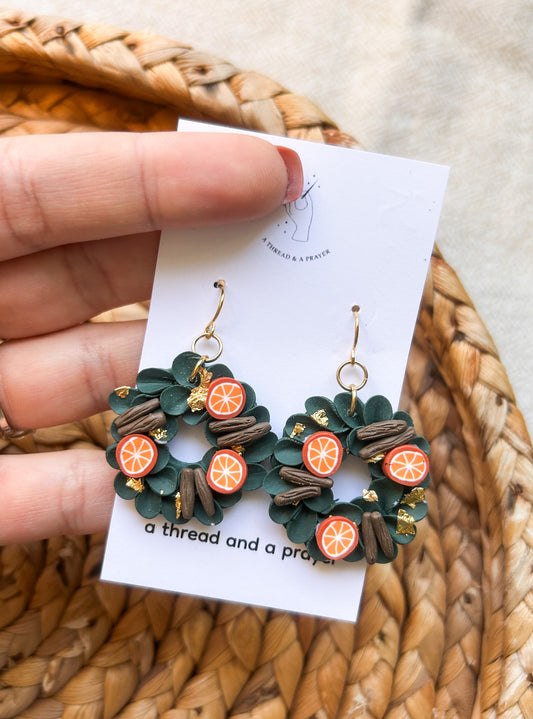 Orange and Cinnamon Wreath Earrings | Christmas Earrings | Trendy Styles | Lightweight | Greenery