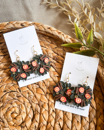 Orange and Cinnamon Wreath Earrings | Christmas Earrings | Trendy Styles | Lightweight | Greenery