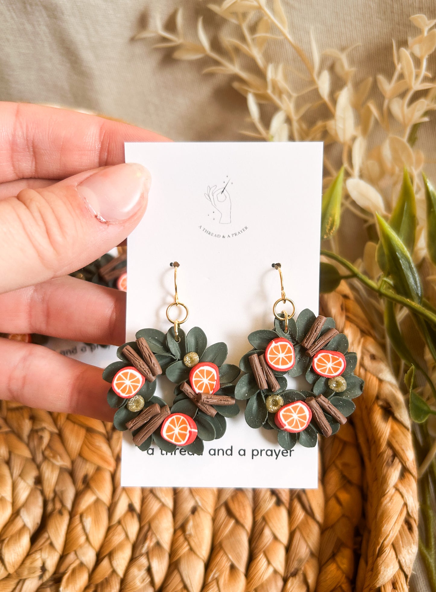 Orange and Cinnamon Wreath Earrings | Christmas Earrings | Trendy Styles | Lightweight | Greenery