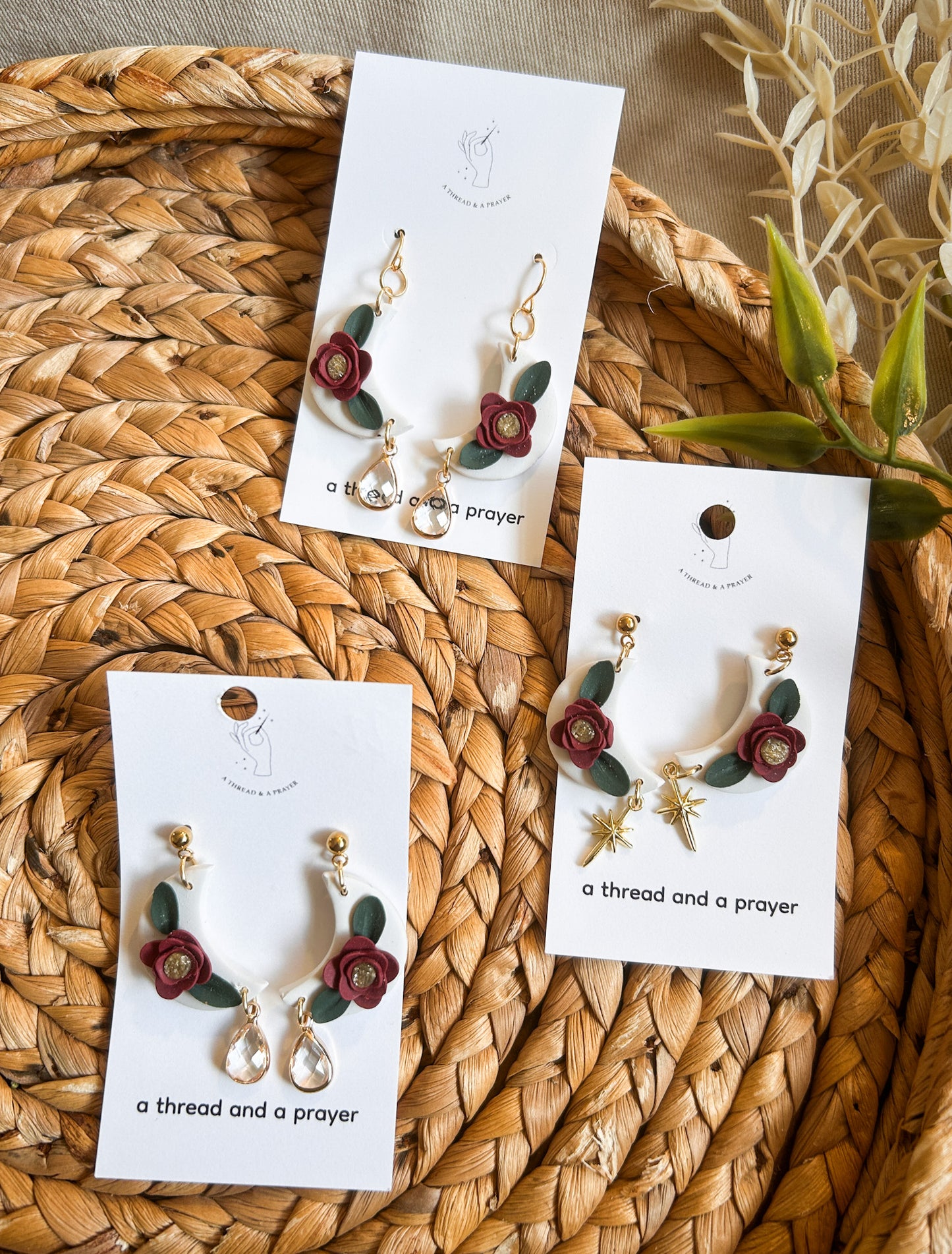 Floral Moon Winter Clay Earrings | Flower Design | Wintery Styles