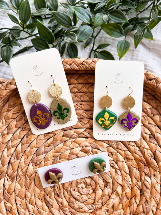 Mardi Gras Party Resin and Clay Earrings | NOLA | Fleur de Lis Style | St. Louis Mardi Gras | Mardi Gras | Lightweight Earrings