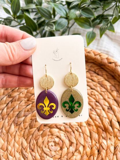 Mardi Gras Party Resin and Clay Earrings | NOLA | Fleur de Lis Style | St. Louis Mardi Gras | Mardi Gras | Lightweight Earrings