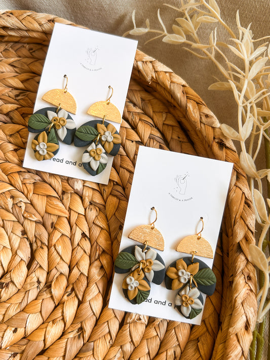 Navy Floral Clay Earrings | Mustard and Cream Flower Earrings