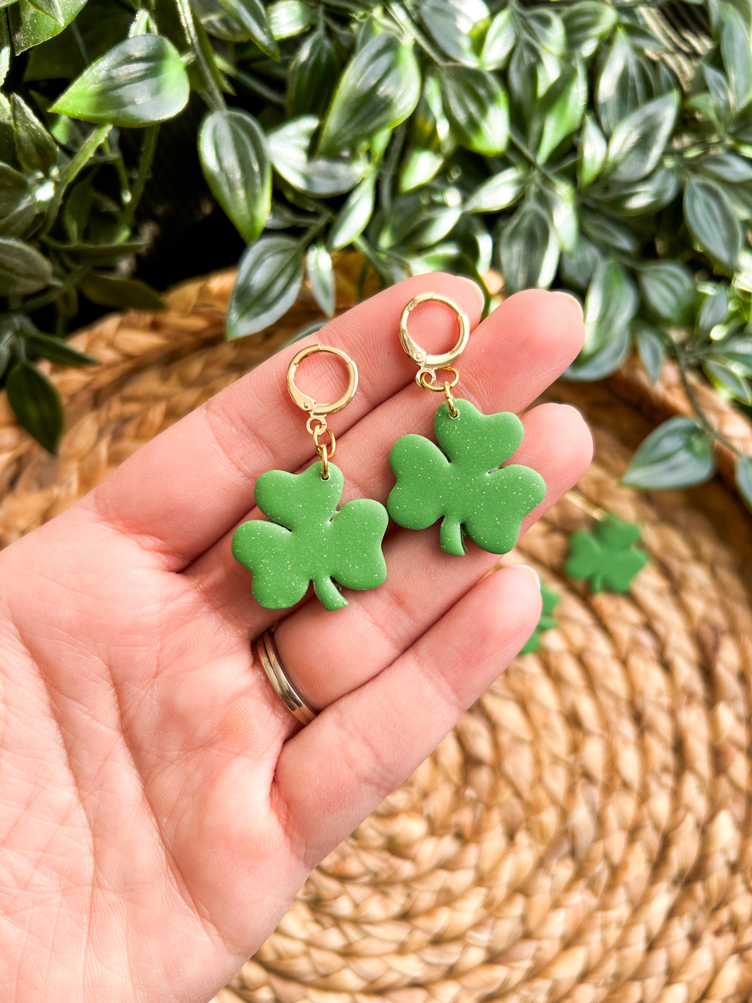 St Patricks Day Earrings Dangle, Green Shamrock Earrings, Four Leaf Clover Earrings, Irish Jewelry, Lucky Irish Earrings, Solid Green & White