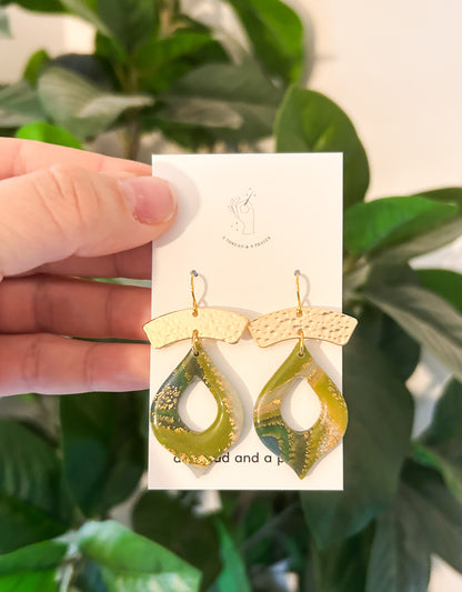 Green and Pink Gemstone Style Shiny Clay Earrings | Style 1