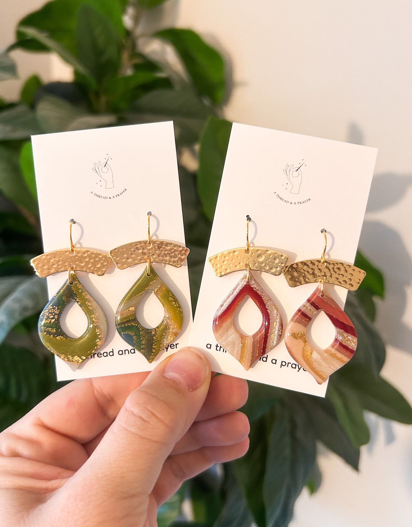Green and Pink Gemstone Style Shiny Clay Earrings | Style 1