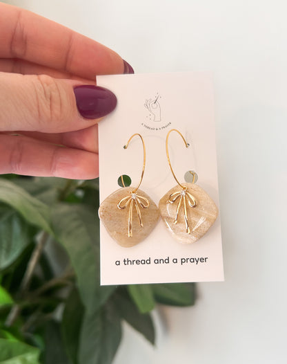Gold Bows and Glitter Accent Shiny Clay Winter Earrings