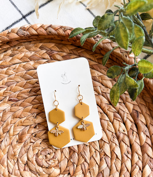 Dainty Bee Dangle Earrings | Polymer Clay | Gold Accents | Summer Style | Lightweight | Save the Bees