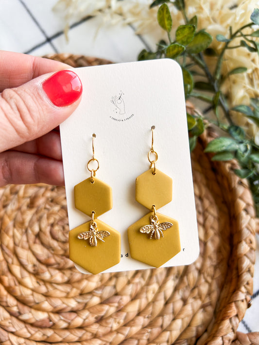 Dainty Bee Dangle Earrings | Polymer Clay | Gold Accents | Summer Style | Lightweight | Save the Bees