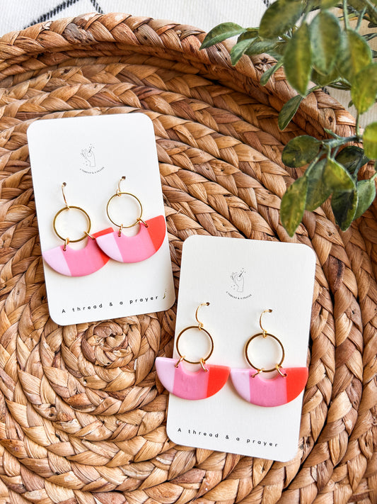 Bright Vibes Coral and Pink Arch Clay Earrings | Spring Fashion | Spring Color Earrings | Statement Earrings | Lightweight | Springy