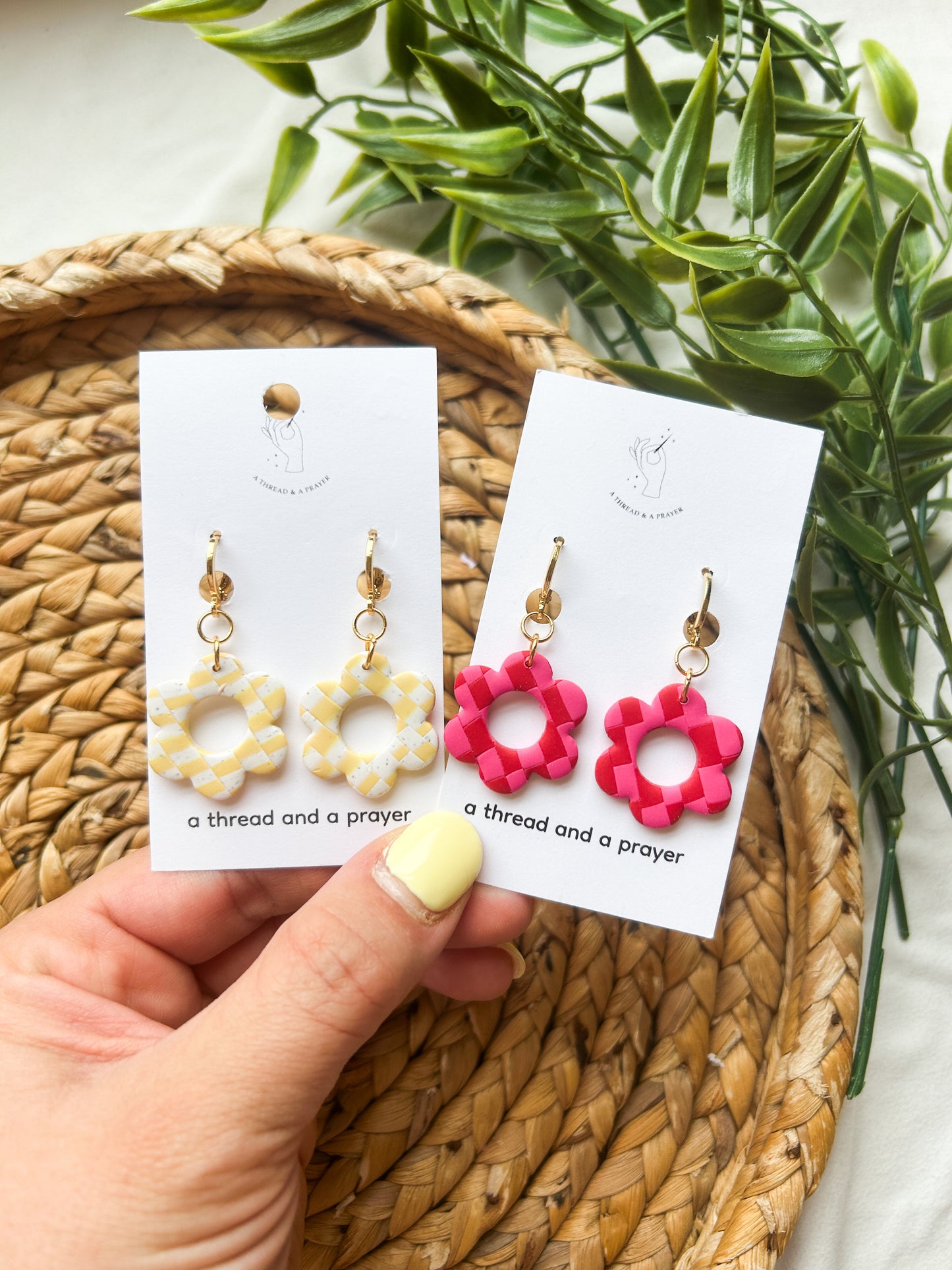 Checkered Floral Dangles | Pink and Red | Butter Yellow | Huggies | Lightweight