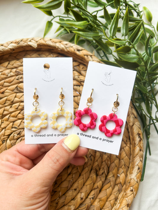 Checkered Floral Dangles | Pink and Red | Butter Yellow | Huggies | Lightweight