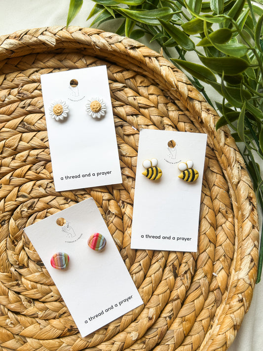 Spring Studs | Bees, Daisies and Spring Vibes | Titanium | Clay