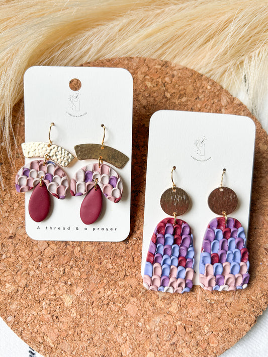 Dragon Scale Style Clay Design Dangles in Purples | Boho Inspired | Spring Fashion | Artistic | Pushed Clay Style