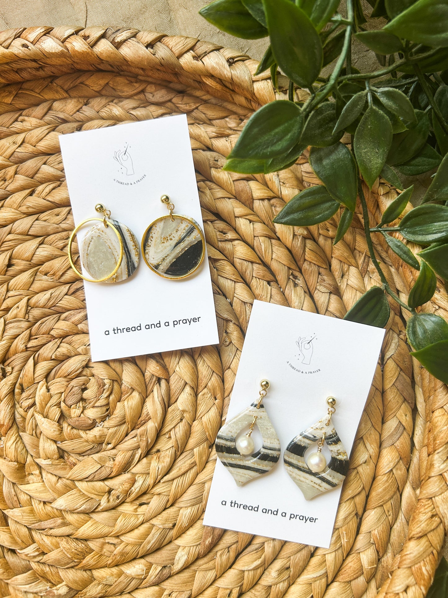 Black and White Gold Foil Clay Earrings