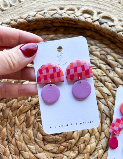 Pink, Orange, Lilac Checkered Funky Earrings | Trendy Styles | Lightweight | Retro Vibes