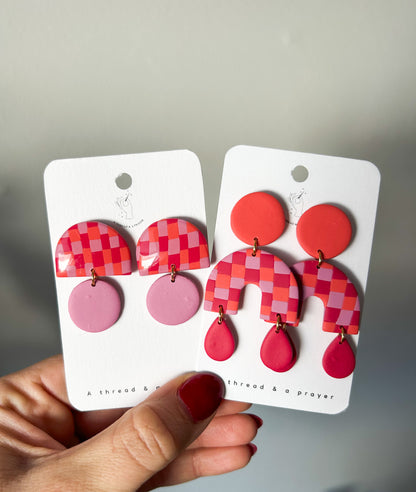 Pink, Orange, Lilac Checkered Funky Earrings | Trendy Styles | Lightweight | Retro Vibes