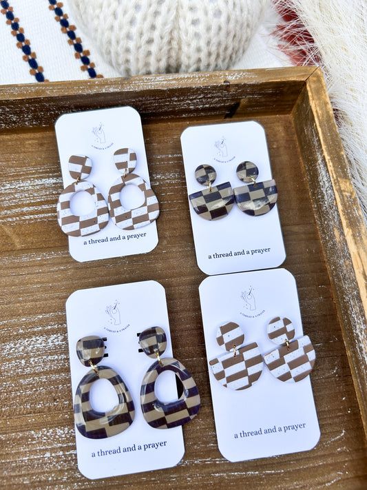 Retro Checkered Fall Clay Earrings | Abstract Earrings | Autumn Jewelry | Handmade Earrings | Fall Styles